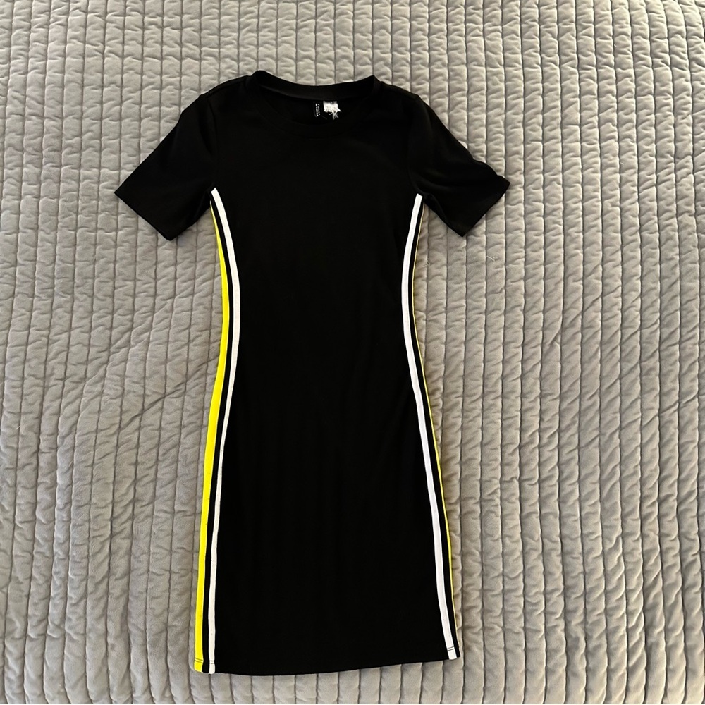 H&M‎ black track dress with yellow and white stripes. EUC. Size small